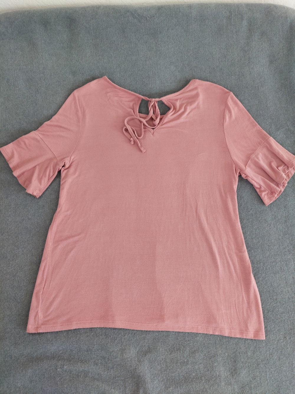 LC Lauren Conrad Rose Pink Bell Sleeve Keyhole Tie Back Top Large - Picture 7 of 7